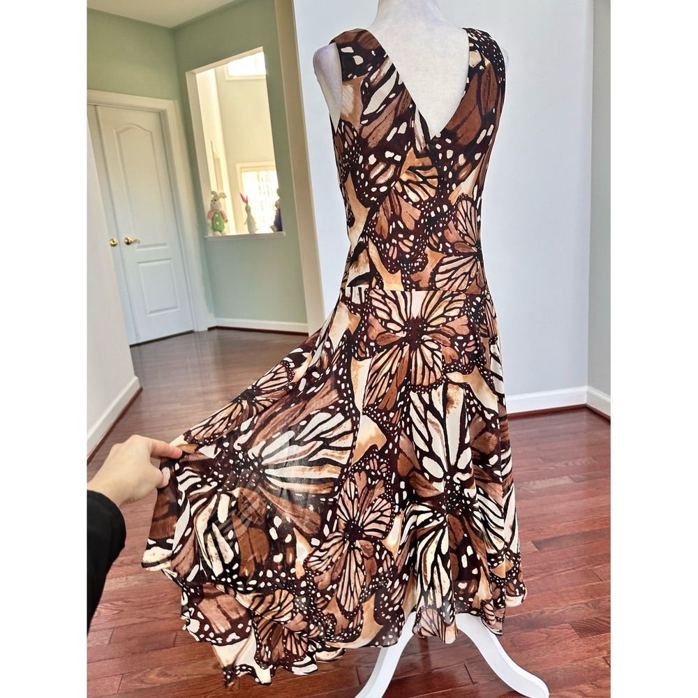 Vintage 2000s Evan Picone Brown Earth Tones Butterfly Asymmetrical Summer Dress - Picture 4 of 12